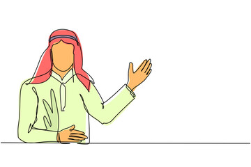 Poster - Single continuous line drawing Arabian male in traditional clothes presenting something. Young businessman showing something or presenting project. One line draw graphic design vector illustration