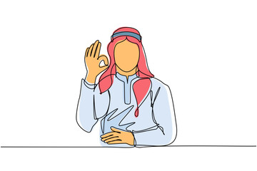 Poster - continuous one line drawing arabic man in traditional clothes gesturing ok sign. okay sign, gesture 