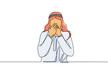 Poster - Single one line drawing young Arab man covering mouth with hands. Male mouth with hand shocked with shame for mistake, expression of fear, scared in silence, secret. Continuous line draw design vector