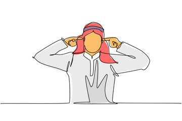 Poster - Single one line drawing young Arabian man covering ears with fingers with annoyed expression for noise of loud sound or music while eyes closed. Continuous line draw design graphic vector illustration