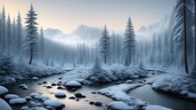 Beautiful Winter Landscape Forest By The River, Mountains In The Background
