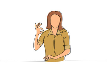 Aufkleber - single continuous line drawing woman in casual clothes gesturing ok sign. okay sign, gesture languag