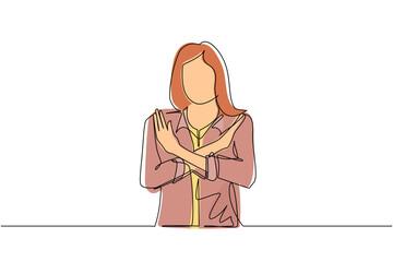 Poster - Single continuous line drawing young woman crossing arms and saying no gesture. Person making X shape, stop sign with hands and negative expression. One line draw graphic design vector illustration