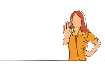 Poster - Single continuous line drawing young business woman showing palm as stop sign, stay, hold or rejection gesture. Emotion, body language concept. Dynamic one line draw graphic design vector illustration