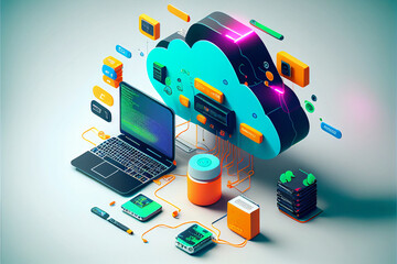 Cloud technology. Cloud computing. Devices connected to digital storage in a data center over the Internet. IOT. Smart Home. Communication laptop, tablet, phone and home devices. Generative AI