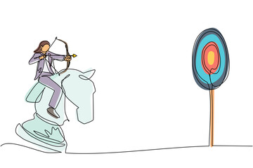 Poster - continuous one line drawing young businesswoman holding archery aiming target while riding chess kni