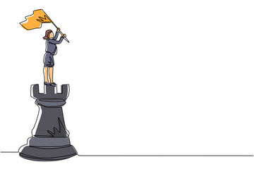 Poster - Single one line drawing businesswoman standing on top of big rook chess and waving a flag. Leader success concept. Successful business strategy. Continuous line draw design graphic vector illustration