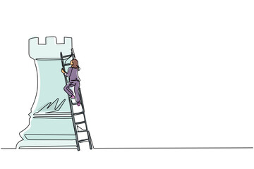 Poster - Continuous one line drawing businesswoman climb huge rook chess piece with ladder. Business strategy and marketing plan. Strategic move in business concept. Single line draw design vector illustration