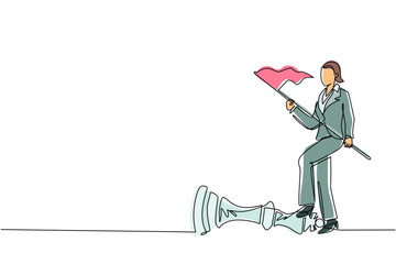 Poster - Continuous one line drawing businesswoman holding flag, defeat competitors in business as winning chess game. Company strategy success using powerful move for advantage. Single line draw design vector