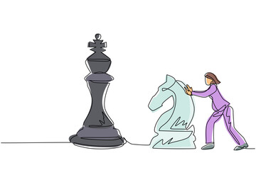 Poster - Single one line drawing businesswoman push huge knight chess piece. Business strategy and marketing plan. Strategic move in business concept. Continuous line draw design graphic vector illustration