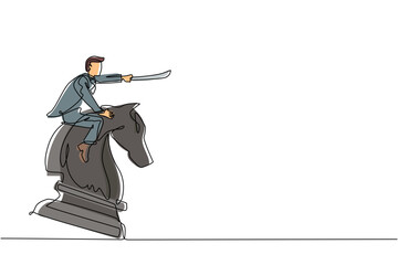 Poster - Single one line drawing businessman riding big chess horse knight with sword. Strategy, business, competition, achievement goal concept. Modern continuous line draw design graphic vector illustration