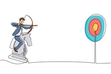 Poster - continuous one line drawing businessman holding archery aiming target while riding chess knight piec