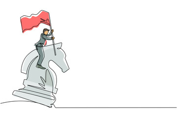 Poster - Continuous one line drawing businessman riding big chess horse knight and holding flag, strategy, competitive, strategic move in business concept. Single line draw design vector graphic illustration