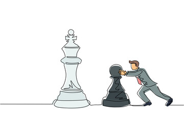 Poster - Single continuous line drawing young businessman push huge pawn chess piece. Business strategy and marketing plan. Strategic move in business concept. One line draw graphic design vector illustration