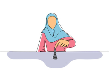 Poster - Single continuous line drawing strategy, leadership and management concept. Young Arabic businesswoman sitting and moving chess figure alone feeling confident. One line draw design vector illustration