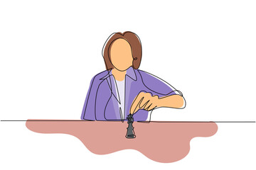 Poster - Continuous one line drawing strategy, leadership and management concept. Young cute businesswoman sitting and moving chess figure alone feeling confident. Single line draw design vector illustration