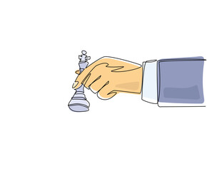 Poster - Single one line drawing business concept illustration of businessman hand holding chess king piece, strategy, strategic move concept. Modern continuous line draw design graphic vector illustration