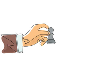 Poster - Single continuous line drawing business concept illustration of businessman hand holding chess pawn piece, strategy, strategic move concept. Dynamic one line draw graphic design vector illustration