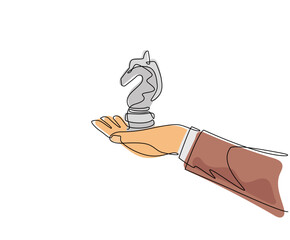 Poster - Continuous one line drawing hand holding knight chess figure. Business strategy management. Partnership offer. Sport, competition, competitive, strategic move. Single line draw design vector graphic