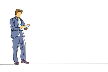 Poster - Single one line drawing young male office secretary writing with clipboard. Smart man in elegant wear, assisting in paper work. Business workwear trend. Continuous line draw design vector illustration
