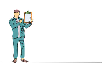 Poster - single one line drawing office workers standing with clipboards. man in formal wear. young businessm