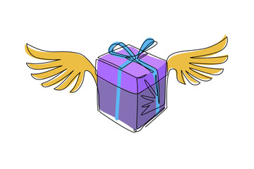 Poster - continuous one line drawing gift box flying with feathered wings logo. winged gift box icon symbol. 