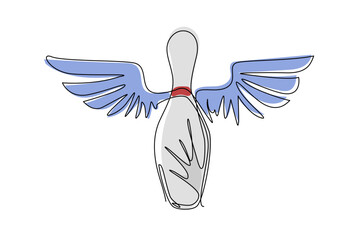 Poster - Continuous one line drawing bowling pin with wings sign icon. White bowling target on white background. Night bright advertisement. Sport and leisure activity. Single line draw design vector graphic