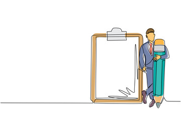 Poster - Continuous one line drawing businessman holding giant pencil looking at completed checklist on clipboard. Effective daily planning and time management. Single line draw design vector illustration