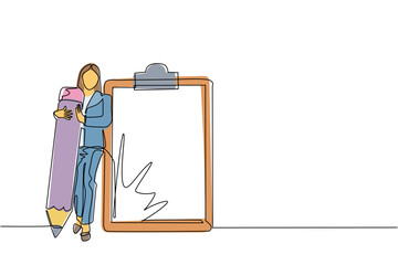 Poster - single continuous line drawing businesswoman holding giant pencil looking at completed checklist on 