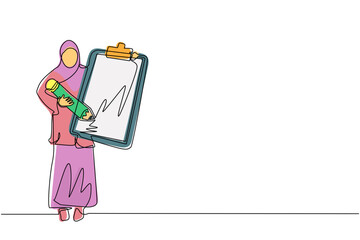 Poster - Single one line drawing Arabian businesswoman holding clipboard with checklist. Business success completed plan. Goal achievements planning schedule. Continuous line draw design vector illustration