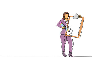 Poster - single one line drawing businesswoman holding clipboard with checklist. business success completed p