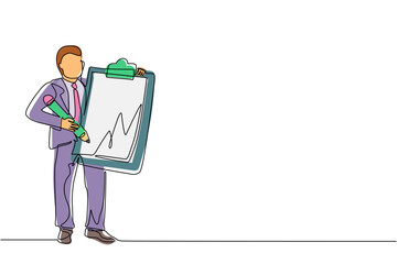 Poster - Single one line drawing businessman holding clipboard with checklist. Business success completed plan. Goal achievements planning schedule. Continuous line draw design graphic vector illustration