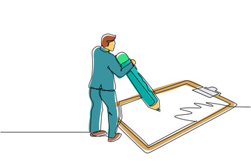 Poster - Single continuous line drawing businessman filled out questionnaire. Guy with pencil writes test. Man standing near big checklist. Male writes on clipboard. One line draw design vector illustration
