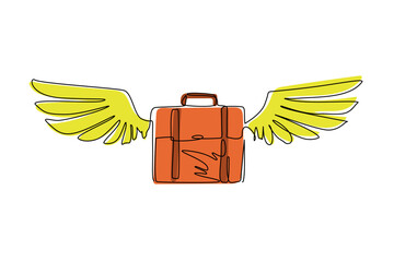 Poster - Single continuous line drawing briefcase with wings flat icon logo. Traveling suitcase in flight isolated. Symbol of tourism, luggage and trip. Dynamic one line draw graphic design vector illustration
