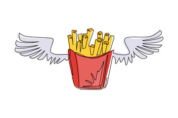 Poster - Single one line drawing french fries in paper box with wings, isolated. Flat design logo symbol. French fries fast food in red package. Modern continuous line draw design graphic vector illustration