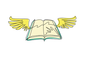 Wall Mural - Continuous one line drawing flying book with wings. Winged book icon. Magic fairy tale reading logo. Imagination and inspiration picture. Fantasy. Creative kids. Single line draw design vector graphic