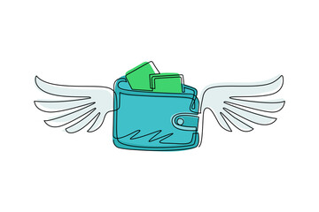 Poster - Single continuous line drawing winged wallet logo. Purse with wings icon. Losing money, spending, pay, wasteful, gone money, financial concept. Dynamic one line draw graphic design vector illustration