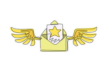 Poster - single continuous line drawing flying opened mail envelope with star image and wings. read incoming 