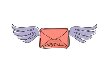 Poster - Single continuous line drawing flying closed mail envelope with wings. Not read incoming message. Decoration for greeting cards, posters, prints for clothes. One line draw design vector illustration