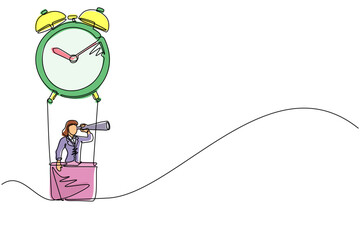 Poster - Single continuous line drawing cute businesswoman, manager or employee ride hot air balloon alarm clock and looking forward with telescope. Time management business travel. One line draw design vector
