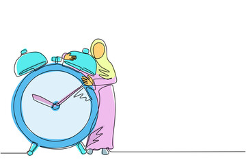 Poster - Continuous one line drawing Arabian businesswoman, manager or employee stand and hugging big clock. Concept of time management, watch, time to work. Single line draw design vector graphic illustration