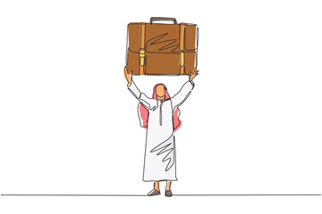 Poster - single one line drawing arabian manager or businessman raises big briefcase. business person has ach