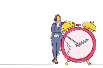 Wall Mural - Single continuous line drawing businesswoman, manager or employee stand and hugging big clock. Concept of time management. Time, watch, time to work. One line draw graphic design vector illustration