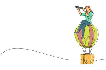 Poster - Continuous one line drawing businesswoman sitting and looking through telescope in hot air balloon briefcase. Female in suitcase balloon search to success. Business travel. Single line design vector