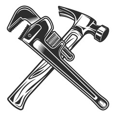 Vintage crossed hammer and body shop mechanic spanner repair tool or construction wrench for gas and builder plumbing pipe in monochrome style vector illustration