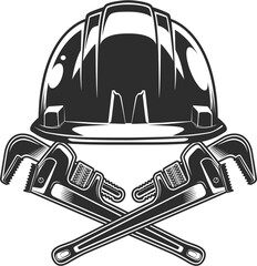 Vintage hard hat with body shop mechanic spanner repair tool or construction wrench for gas and builder plumbing pipe in monochrome style isolated illustration