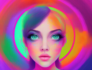 Wall Mural - Illustration portrait of a girl on a bright abstract background. Generative AI.