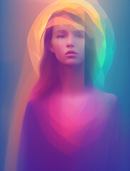 Wall Mural - Illustration of a fantasy escapist surreal bright multicolored portrait of a girl. Generative AI.