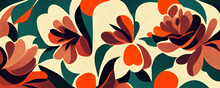 Floral Pattern Abstract Background. Nature Artwork. Orange Teal Blue Beige Color Flower Petals Leaves Bright Watercolor Painting Design Art Illustration.