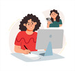 © Anastasiya Shmakova - A woman works at a computer and conducts business correspondence. The concept of a business idea, startup, organization, brainstorming. Vector illustration flat isolated